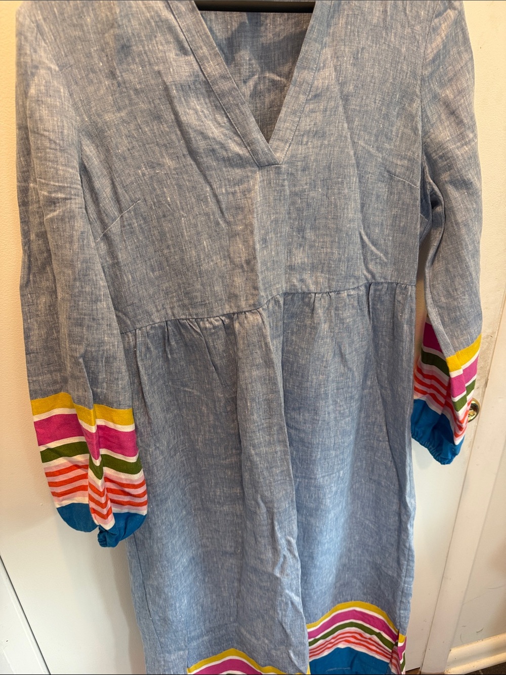 Boden Blue Maxi Dress with Rainbow Stripe Trim - Picture 3 of 4